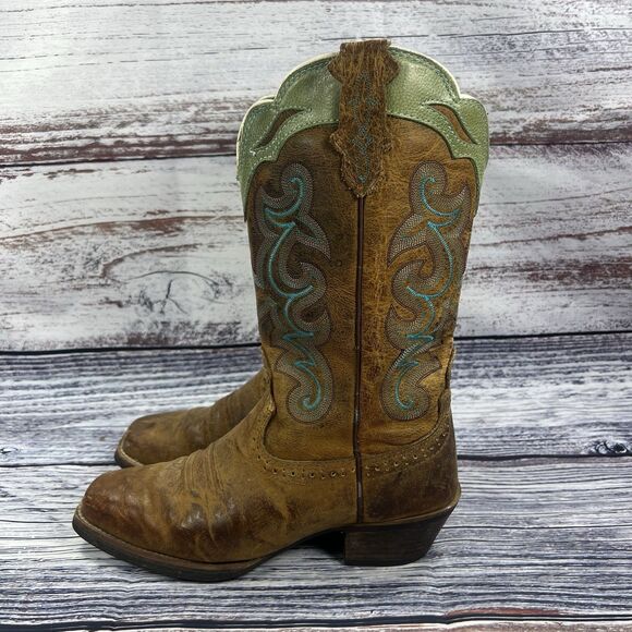 Justin Sevana Brown & Green Leather Square Toe Western Boots SVL7312 Women’s 9 - Picture 4 of 7